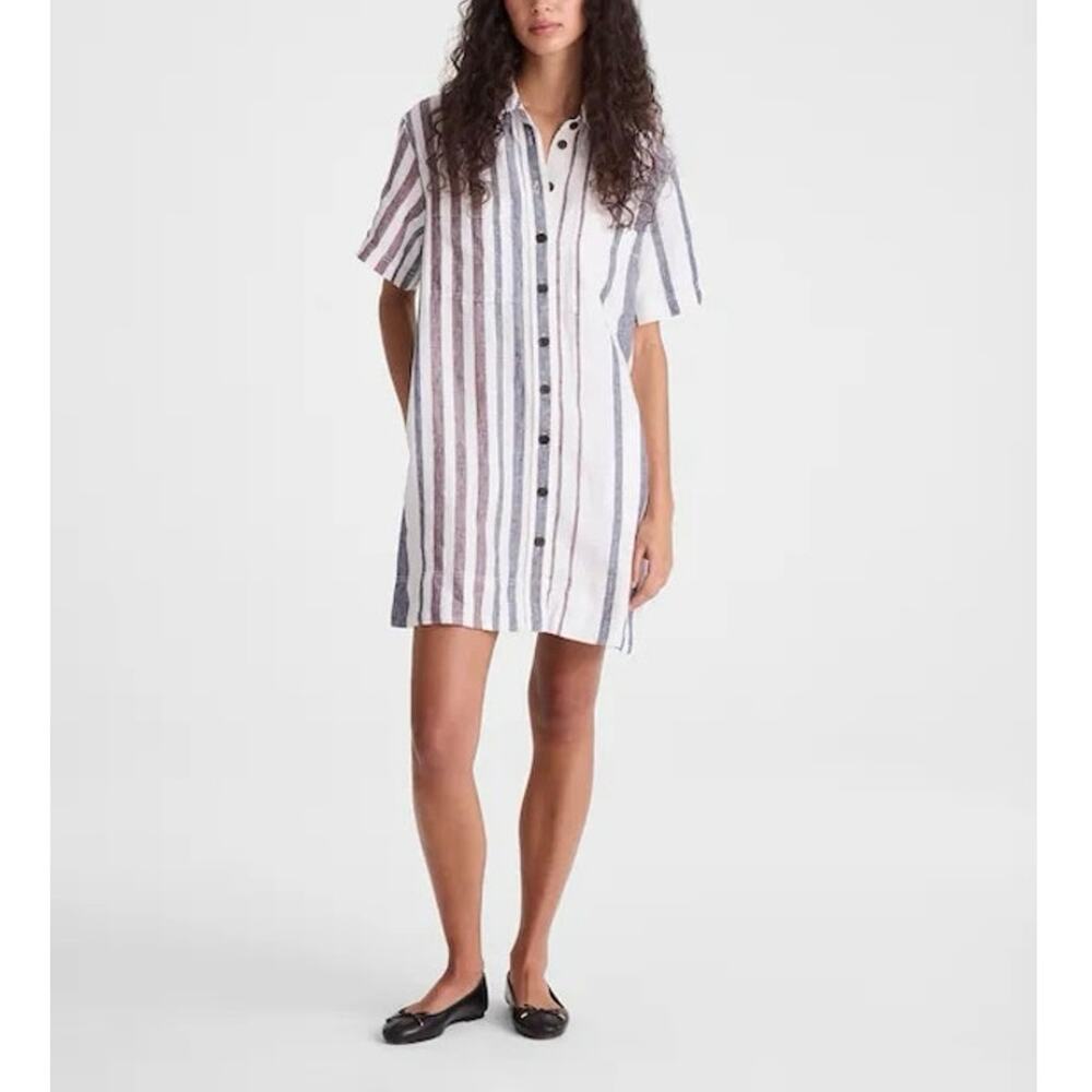 NWT Madewell Relaxed Mini Shirtdress In 100% Linen White Navy Red Stripe Medium